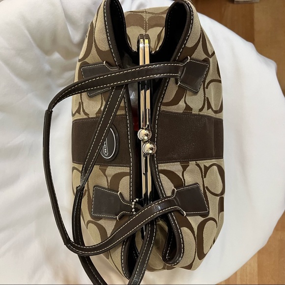 Coach stripe satchel purse bag with clasp brown and tan beige - Picture 4 of 9